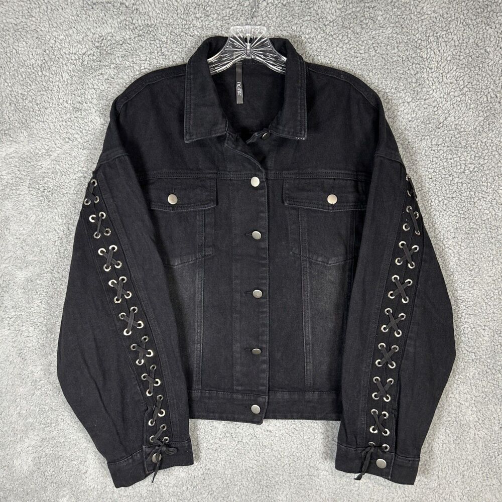 Tic Tic Women’s Large Black Denim Jean Jacket Lace Up Sleeves